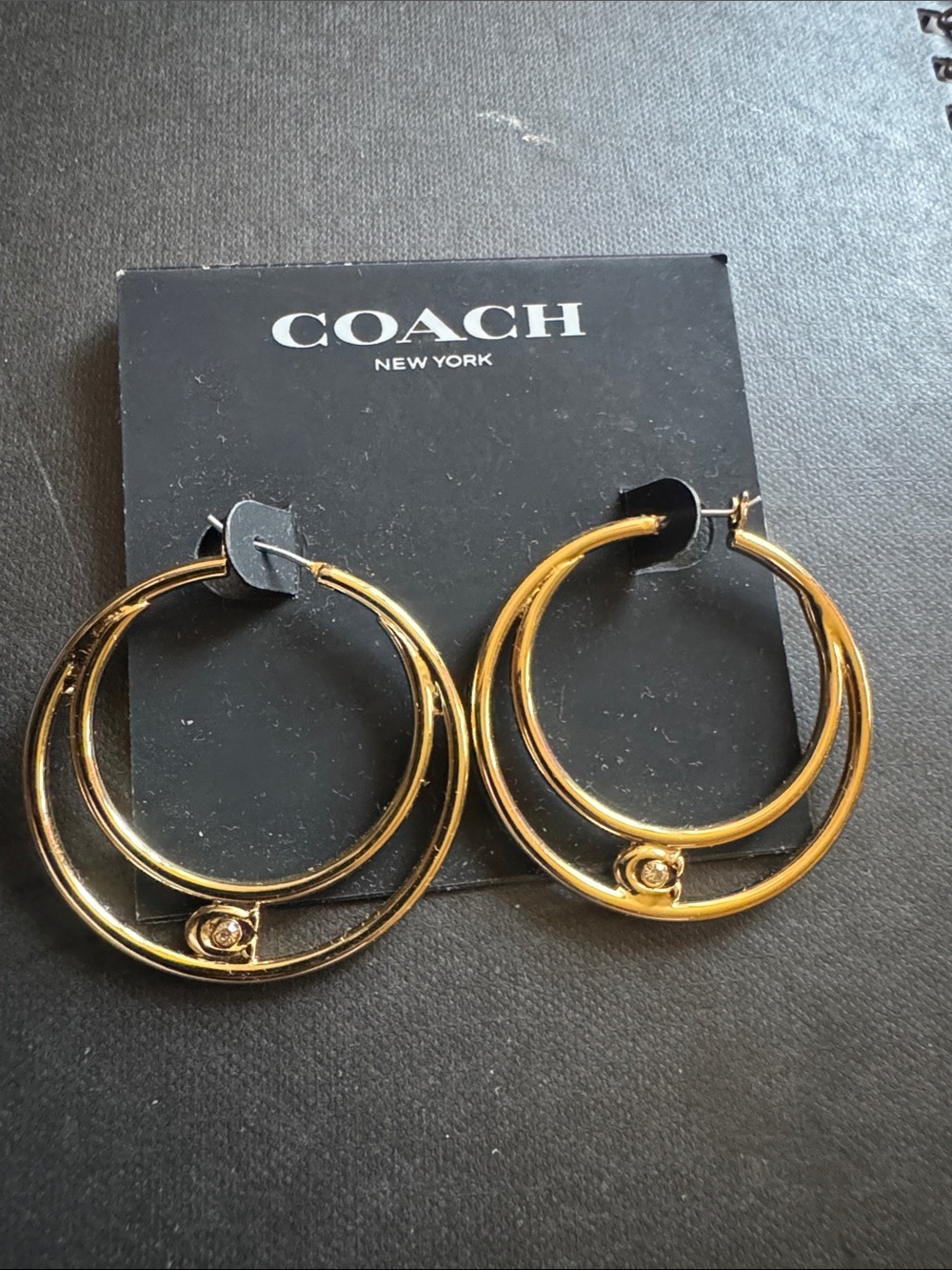 Coach Gold Double Circle Hoop Earrings with Logo Accent